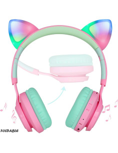 Auriculares Bluetooth Riwbox CT-7 Niños Orejas de Gato Rosa Verde 2