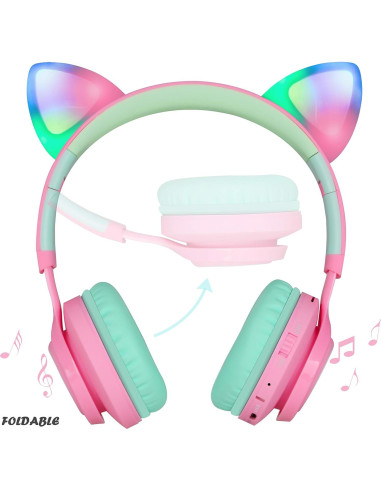 Auriculares Bluetooth Riwbox CT-7 Niños Orejas de Gato Rosa Verde