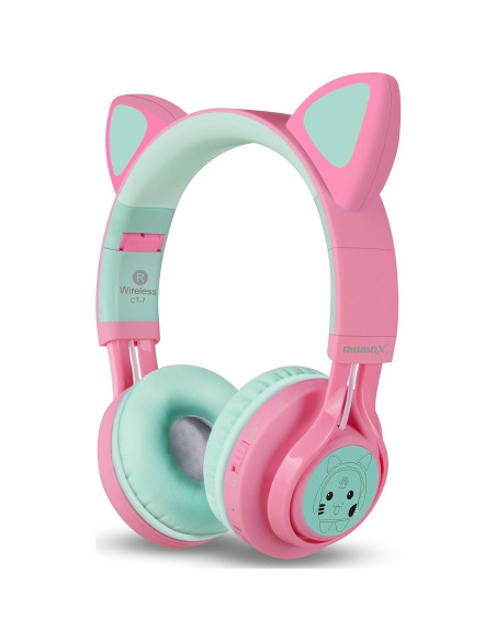 Auriculares Bluetooth Riwbox CT-7 Niños Orejas de Gato Rosa Verde