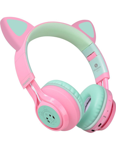 Auriculares Bluetooth Riwbox CT-7 Niños Orejas de Gato Rosa Verde