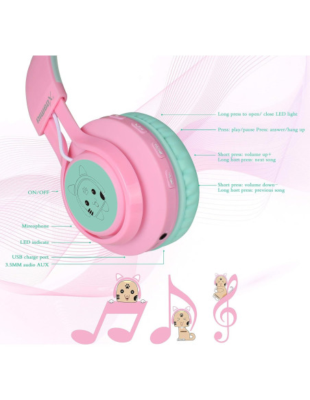 Auriculares Bluetooth Riwbox CT-7 Niños Orejas de Gato Rosa Verde