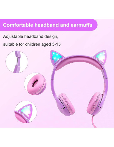 Auriculares para Niños Olyre con Orejas de Gato LED 85dB