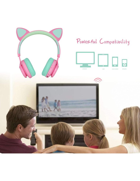 Auriculares Bluetooth Riwbox CT-7 Niños Orejas de Gato Rosa Verde