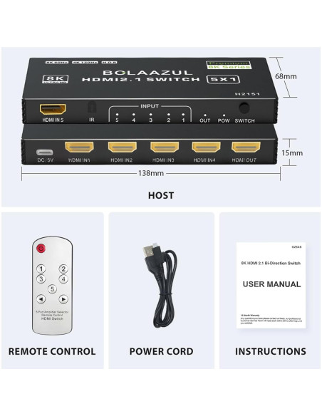 Interruptor HDMI 2.1 5 en 1 BolAAzuL H2151 8K 4K 120Hz
