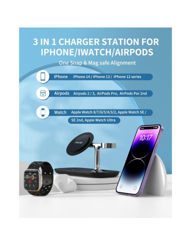 Cargador Inalámbrico 3 en 1 MAKAQI para iPhone y Apple Watch