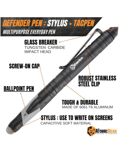 Bolígrafo Táctico Atomic Bear Defensor con Stylus y Rompedor