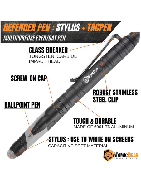 Bolígrafo Táctico Atomic Bear Defensor con Stylus y Rompedor