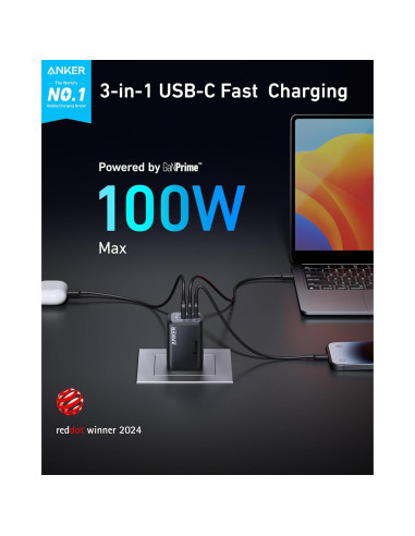 Cargador Anker Prime 100W USB-C GaN, 3 Puertos Rápidos