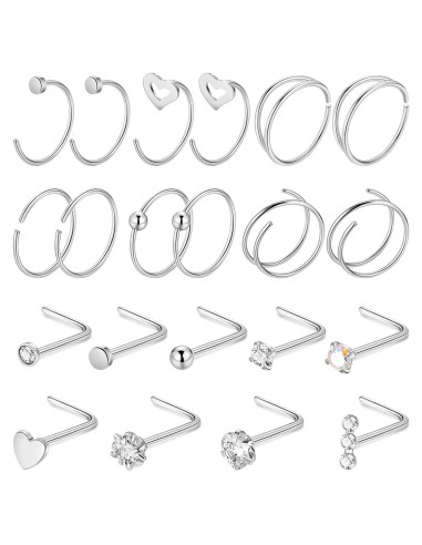 21 Anillos de Nariz Acero Inoxidable 316L Vegolita 22G Hipoalergénicos