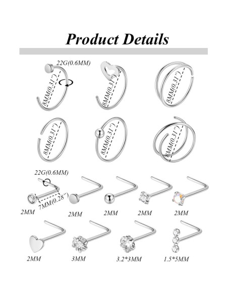 21 Anillos de Nariz Acero Inoxidable 316L Vegolita 22G Hipoalergénicos