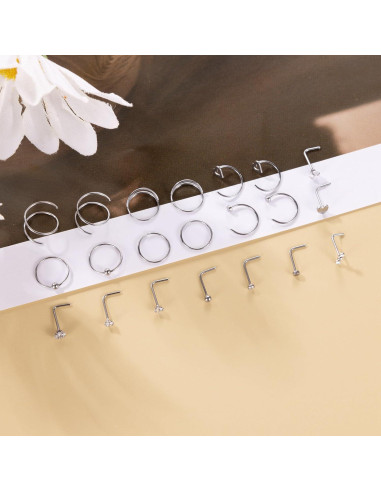 21 Anillos de Nariz Acero Inoxidable 316L Vegolita 22G Hipoalergénicos