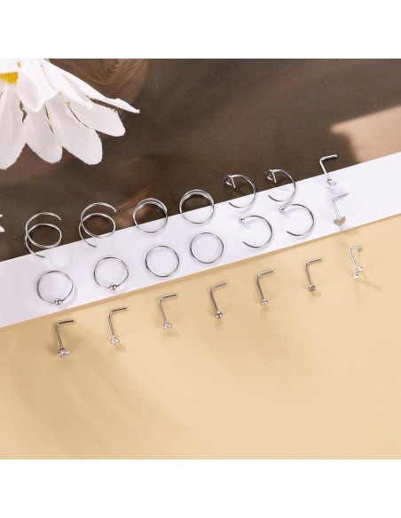 21 Anillos de Nariz Acero Inoxidable 316L Vegolita 22G Hipoalergénicos