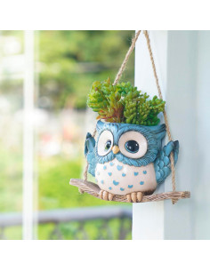 Maceta Colgante de Resina Saysmile Búho Azul 20cm con Drenaje 2