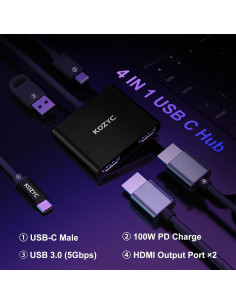 Adaptador USB C a Doble HDMI 4K KOZYC Hub 4 en 1 Negro 2