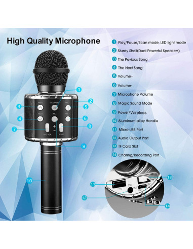 Micrófono Karaoke Inalámbrico BlueFire CT007B 4 en 1 LED