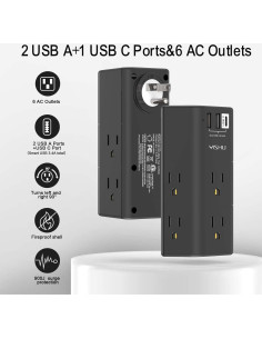 Regleta de Energía YISHU con 6 Salidas AC y 3 USB, Negro 2
