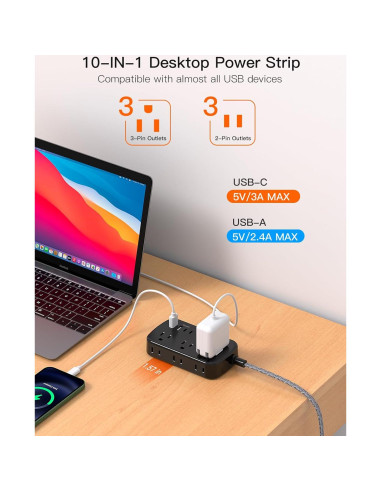 Regleta BESHON 5FT con 6 salidas y 4 puertos USB-C