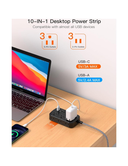 Regleta BESHON 5FT con 6 salidas y 4 puertos USB-C