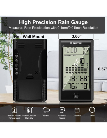 Geevon Medidor de Lluvia Digital 5 en 1 Inalámbrico Autovaciable