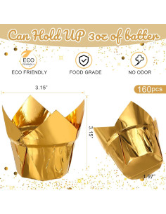 Queekay 160 Forros de Cupcake Tulipán Desechables Dorados 2