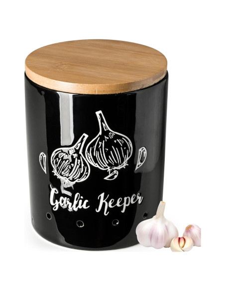 Conservador de Ajo Cerámica LYEOBOH Negro con Tapa de Madera
