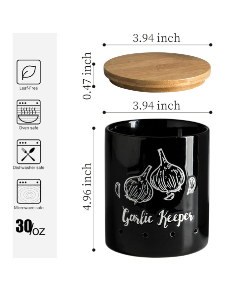 Conservador de Ajo Cerámica LYEOBOH Negro con Tapa de Madera