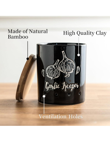 Conservador de Ajo Cerámica LYEOBOH Negro con Tapa de Madera