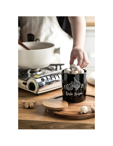 Conservador de Ajo Cerámica LYEOBOH Negro con Tapa de Madera