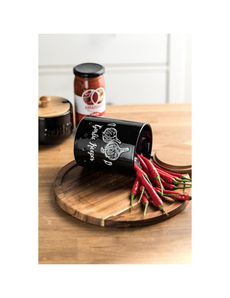 Conservador de Ajo Cerámica LYEOBOH Negro con Tapa de Madera