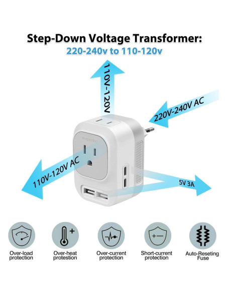 Convertidor de Voltaje Mapambo 220V a 110V con 2 USB-C