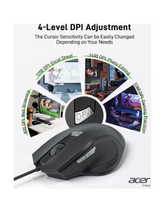 Mouse con Cable Acer OMW313, 4 DPI Ajustables, 1.5m USB 2