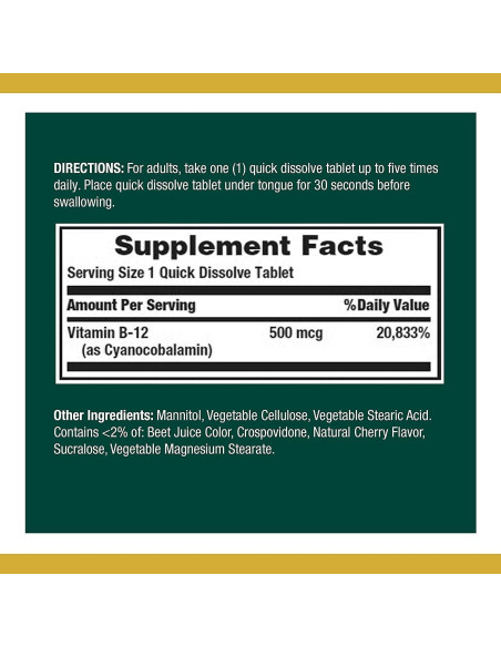 Vitaminas B12 Nature's Bounty 500mcg 100 Tabletas Paquete de 2 Vitaminas B12 Nature's Bounty 500mcg 100 Tabletas Paquete de 2