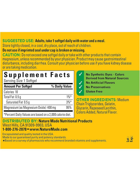 Suplemento Dietético Nature Made Magnesio Óxido 400 mg 60 Gelatinas