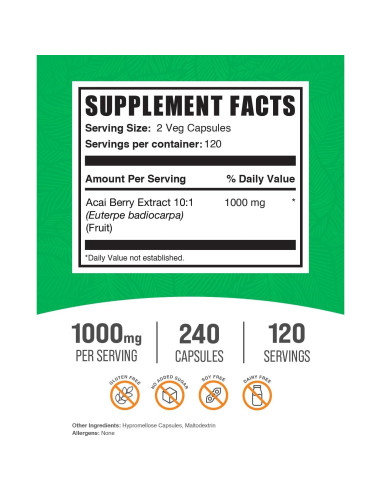 Cápsulas de Acai Berry BulkSupplements 1000mg - 240 Conteo