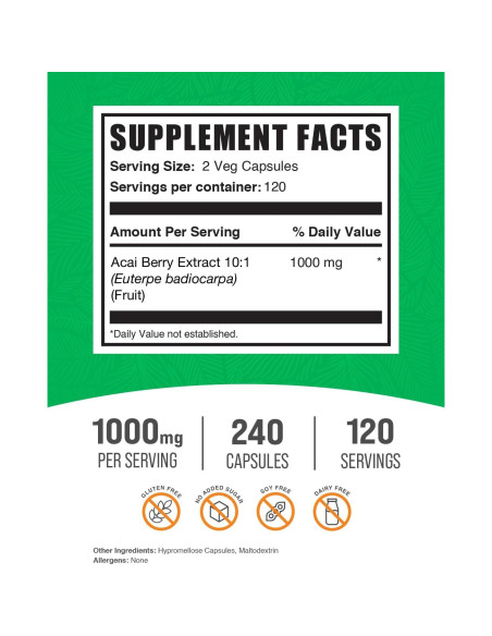Cápsulas de Acai Berry BulkSupplements 1000mg - 240 Conteo