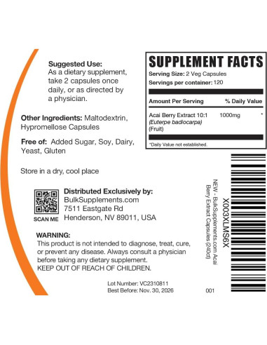 Cápsulas de Acai Berry BulkSupplements 1000mg - 240 Conteo