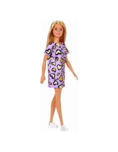 Muñeca Barbie rubia con vestido de corazones púrpura 3-7 años