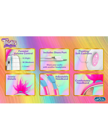 Auriculares con cable eKids Trolls TR-140 para niños - Control de volumen