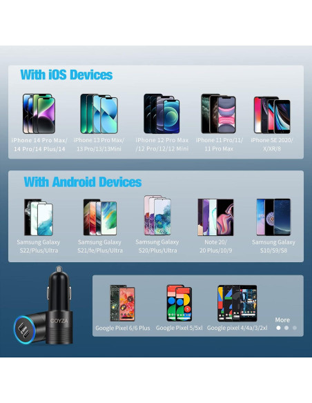 Cargador Rápido USB C para Auto COYZA 60W Dual PD Cargador Rápido USB C para Auto COYZA 60W Dual PD