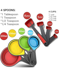 Juego de Tazas y Cucharas Medidoras de Silicona Grandfort 8 Piezas 2