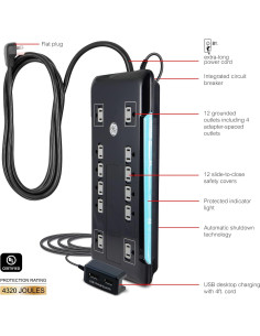 Protector de Sobretensión GE 12 Salidas 4320 Julios USB 2 Puertos 2