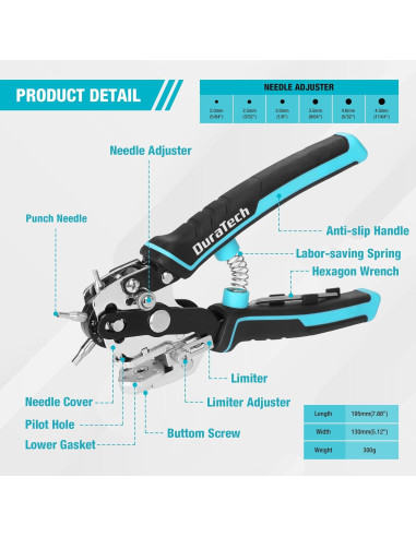 Perforadora de Cuero Duratech con 6 Tamaños de Agujeros