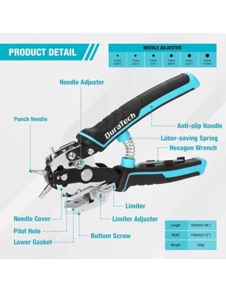Perforadora de Cuero Duratech con 6 Tamaños de Agujeros