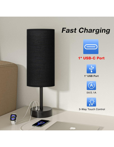 Lámpara de Mesita Dicoool con Puertos USB-C y USB, 35.6cm