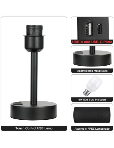 Lámpara de Mesita Dicoool con Puertos USB-C y USB, 35.6cm