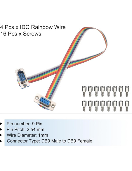 Cable de Cinta IDC Arcoíris MECCANIXITY 4 Pcs DB9 Macho a Hembra 30 cm