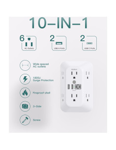 Extensor de Enchufe Addtam 6 AC + 4 USB Cargador 1800J 2