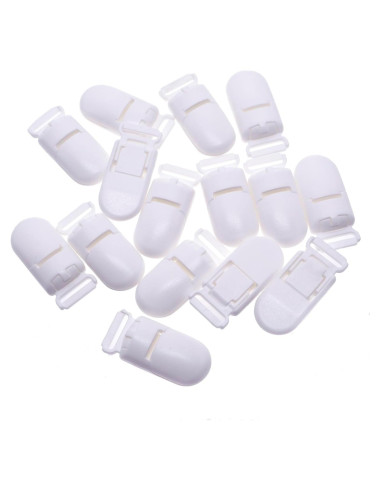 15 Clips de Chupete de Plástico Blanco 40mm para Bebés