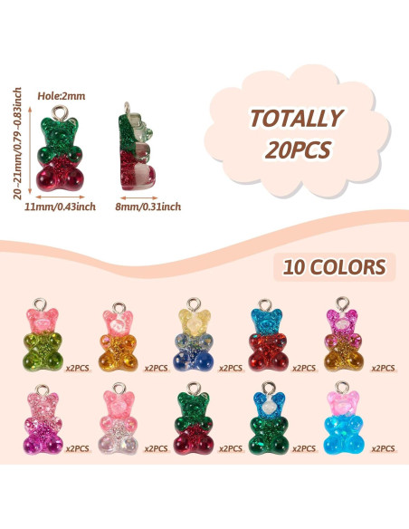 20 Piezas Encantos de Oso de Resina Gummy Bear 10 Colores
