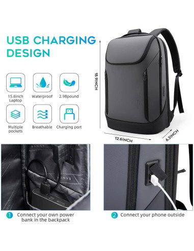 Mochila BANGE Inteligente Impermeable 15.6" USB Gris